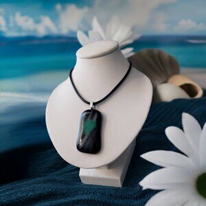 Turquoise abstract dandelion flower black white fused glass pendant necklace